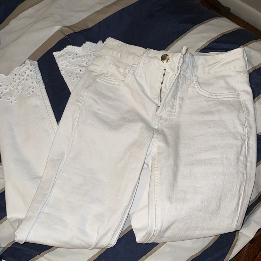 White Skinny Jean with Eyelet Lace at the Bottom